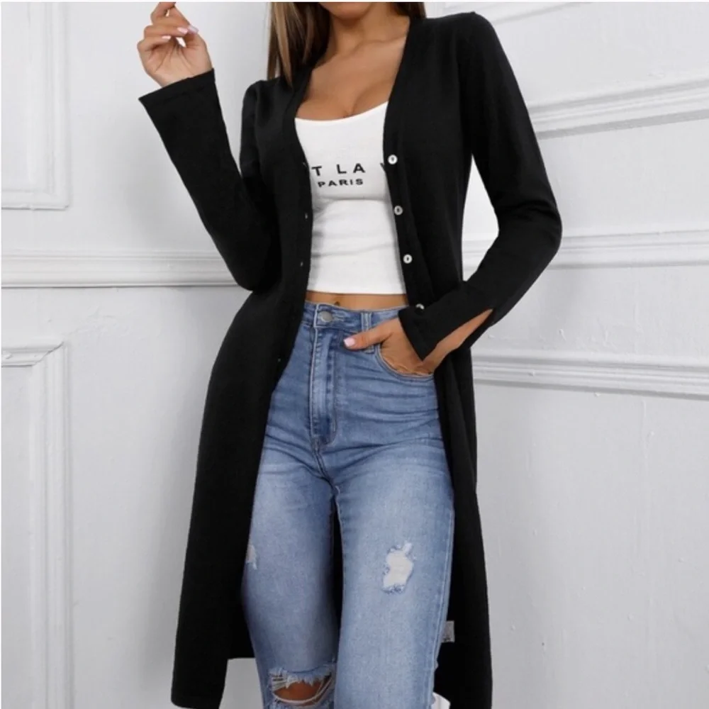 Black Button Up mid length slit cuff cardigan